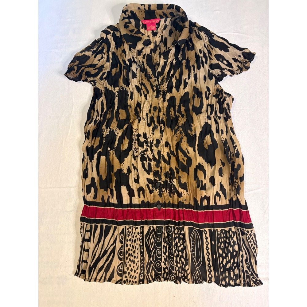 Sunny Leigh Animal Print Button Blouse Leopard Tribal Border Red Stripe S 1411